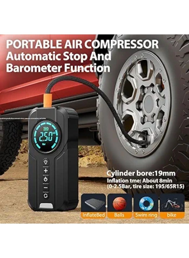A tire pump, a ball valve, a power bank to charge the phone, and also an emergency flashlight You will need it throughout your day or during your travel It is indispensable in Arabic and travel The size is relative to the power of this small product If the car tire sleeps, don't worry anymore Car Tire Tire Air Compressor - 6A Powerful Air Inflator/Quick Electric Air Pump with Digital Tire Pressure Gauge for Car Tires, Bicycles, Balls Product size: 193x85x62 mm Weight: 700 grams - Image 2